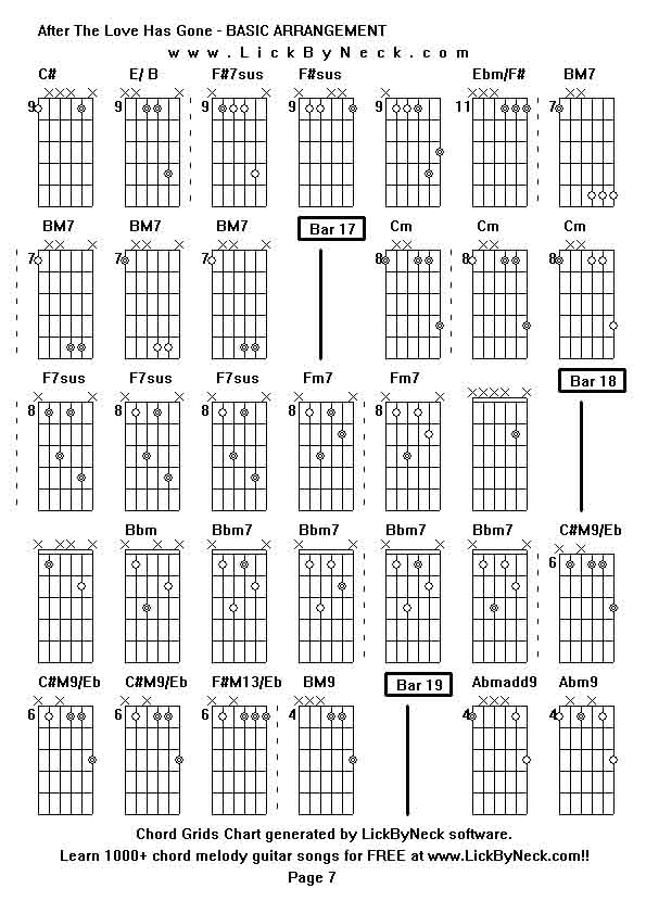 Chord Grids Chart of chord melody fingerstyle guitar song-After The Love Has Gone - BASIC ARRANGEMENT,generated by LickByNeck software.